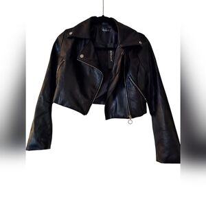 NWT Allegra K Women's Faux Leather Long Sleeve Zipper Up Moto Cropped Jacket